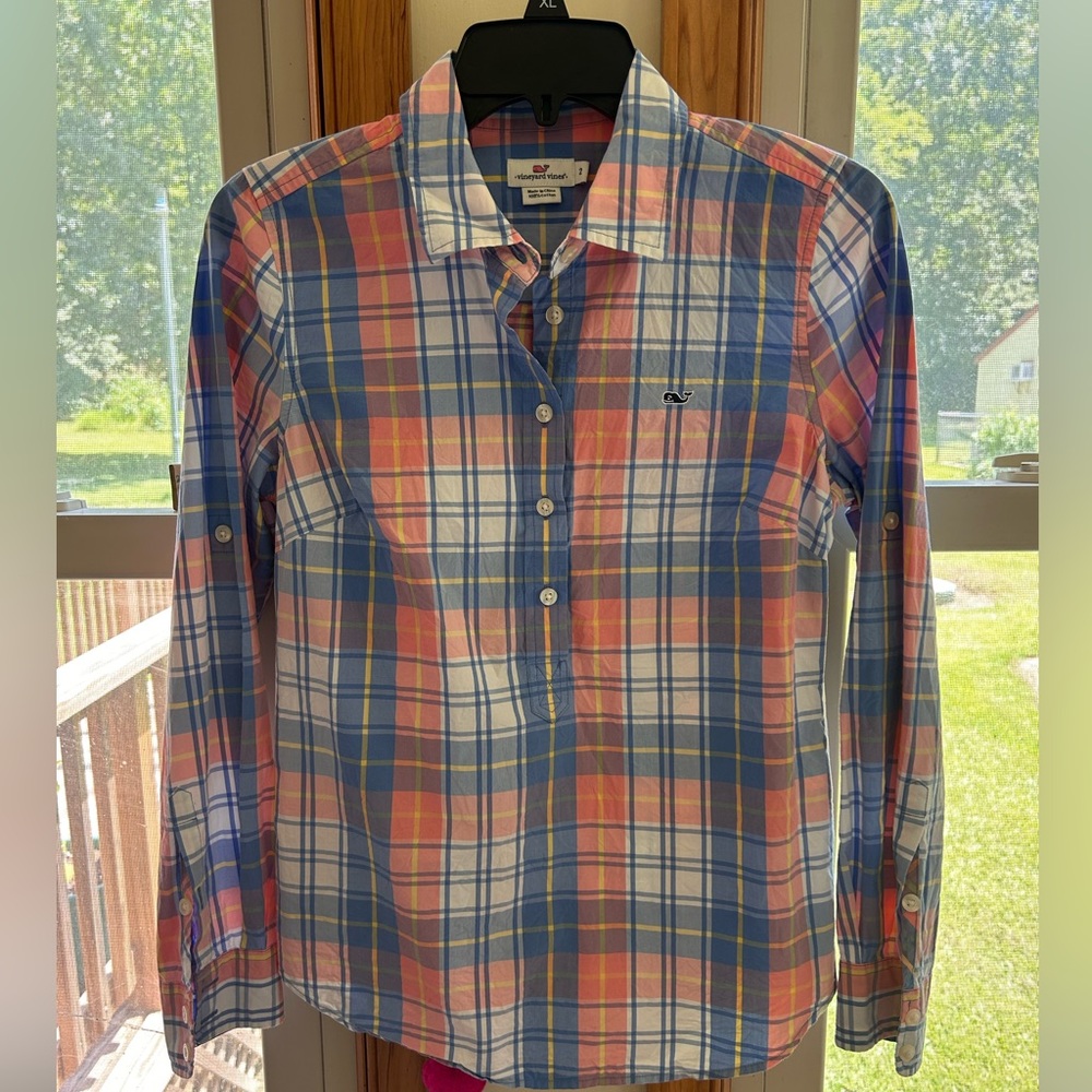 Vineyard Vines halfbutton orange, blue, white plaid blouse, women’s size 2